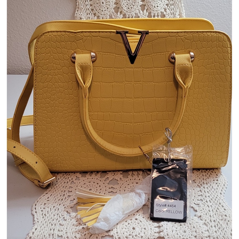 NEW. Crossi New York Purse. Mustard Yellow. Handles/Long Strap. Alligator Design